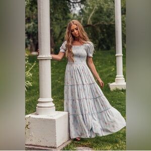 Smocked Puff-Sleeve Maxi Dress in Light Blue Floral